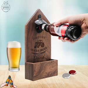 May include: Wooden wall mounted bottle opener with a tractor design and the text "World's Best Tractor Driver" and a personalized name.