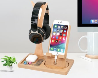 Handmade Desk Organizer with Rotating Phone Stand, Headphone Stand Hanger, Accessories Organizer - Unique Gift Idea for Her Him Couple