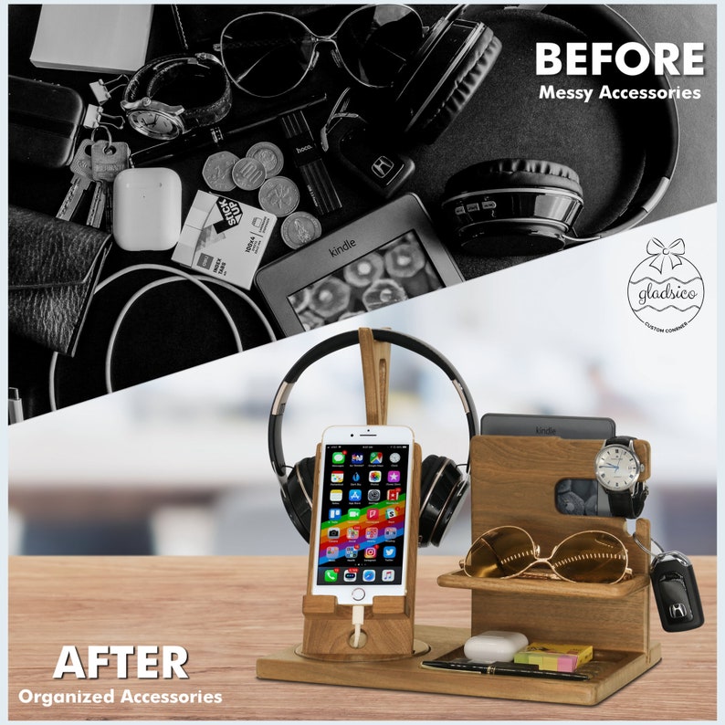 May include: A wooden organizer for accessories, featuring a phone stand, headphone holder, watch holder, and a glasses stand. The organizer is made of natural wood and has a rustic look. It is a great way to keep your desk or nightstand organized.