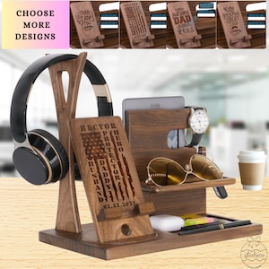 Proud Gift for Dad from Son Daughter Wife, Husband Daddy Protector Hero. Personalized Headphone Stand to Keep All Personal Items Organized