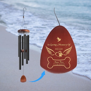 Pet Personalized Memorial Wind Chime with Angel Wings & Paw on Heart. Unique Sympathy Wind Chime Loss of Dog Cat Gift for Pet Owner Lover