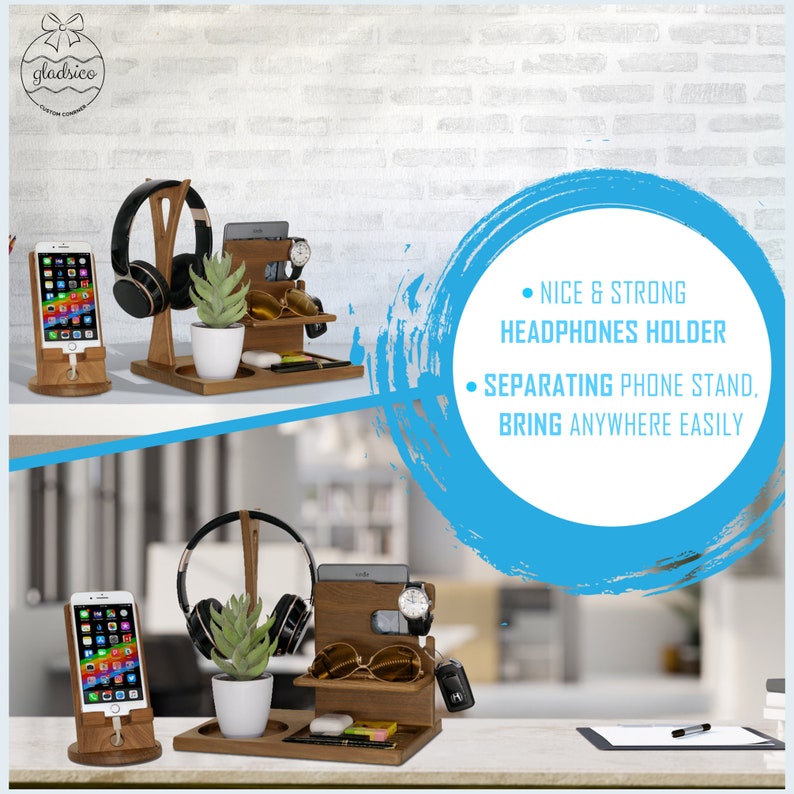 May include: Wooden desktop organizer with a phone stand, headphone holder, watch holder, and a small tray. The organizer is made of natural wood and has a light brown finish. "NICE & STRONG HEADPHONES HOLDER" and "SEPARATING PHONE STAND, BRING ANYWHERE EASILY" are written in white text on a blue circle.