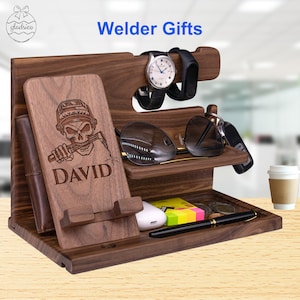 Personalized Welder Gift for Him Her on Birthday, Welder Mechanic Gift for Men Welding. Custom Welding Phone Stand with US Flag Welder Skull