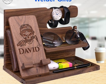 Personalized Welder Gift for Him Her on Birthday, Welder Mechanic Gift for Men Welding. Custom Welding Phone Stand with US Flag Welder Skull