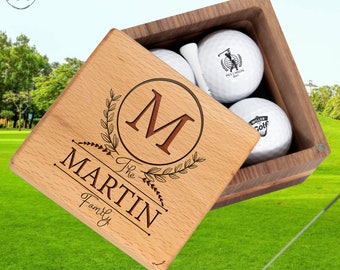 Personalized Golf Gift Box for Golfer Housewarming - Include Custom Golf Box with Name, Set of Four Golf Balls with Monograms & Tee Holder