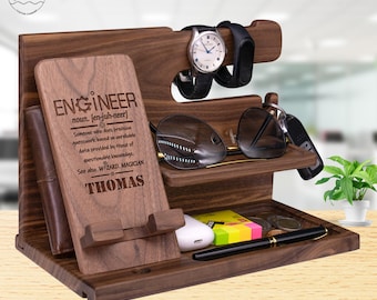 Custom Gift for Engineer Husband. Wood Phone Docking Station for Key Holder Wallet Stand Watch for Him Dad for Father&#39;s Day,Engineering Gift