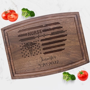 Personalized Nurse Appreciation Gift, Proud of American Nurse. Engraved Cutting Board for Doctor Dentist on Birthday Christmas Thanksgiving