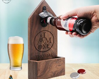 Mason Wood Bottle Opener, Engraved Masonic Corkscrew Opener. Personalized Freemason Groomsman Wall Mount Bottle Opener with Masonic Symbol