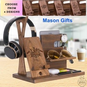 Mason Gifts Personalized Wooden Charging Station, Masonic Docking Stand with Mason Tools, Custom Freemason Gift for New Mason on Mason Day