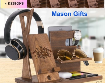 Mason Gifts Personalized Wooden Charging Station, Masonic Docking Stand with Mason Tools, Custom Freemason Gift for New Mason on Mason Day
