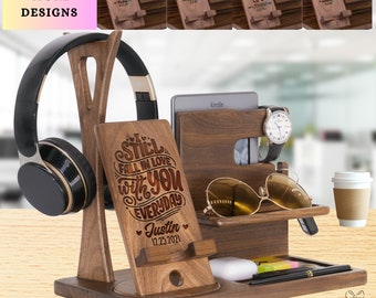 May include: Wooden desktop organizer with a phone stand, watch holder, headphone stand, sunglasses holder, and a small tray. The phone stand has a personalized message that reads "I still fall in love with you everyday Justin 12.25.2021".