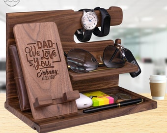 Personalized Gift for Dad Family, Dad We Love You. Unique Nightstand Organizer with Key Holder, Wallet Stand & Watch Organizer on Birthday