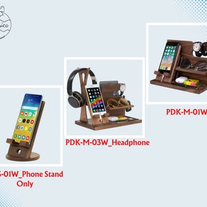May include: Three wooden phone stands with different features. The first stand is a simple phone stand. The second stand has a headphone holder and a watch holder. The third stand has a watch holder, a sunglasses holder, and a key holder.