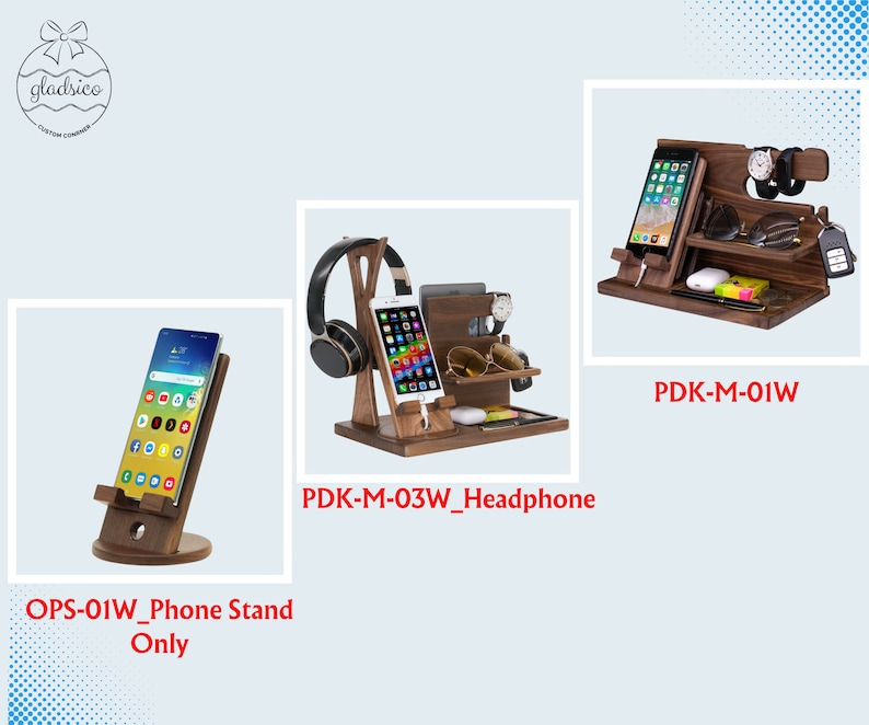 May include: Three wooden phone stands with different features. The first stand is a simple phone stand. The second stand has a headphone holder and a watch holder. The third stand has a watch holder, a sunglasses holder, and a key holder.