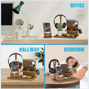 May include: A wooden organizer with a phone stand, headphone holder, watch holder, sunglasses holder, and a small tray. The organizer is shown in three different settings: an office, a hallway, and a bedroom.