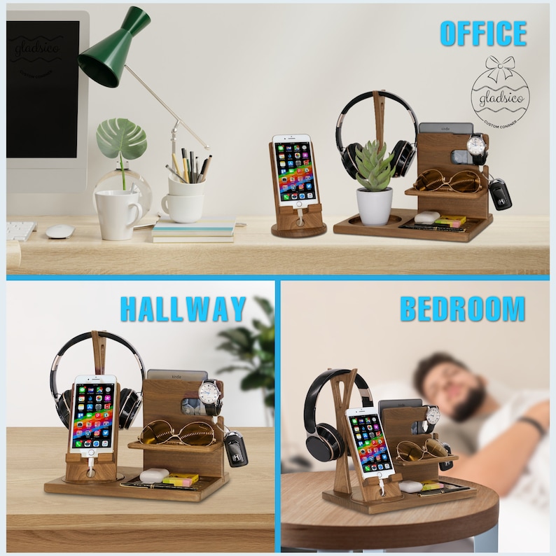 May include: A wooden organizer with a phone stand, headphone holder, watch holder, sunglasses holder, and a small tray. The organizer is shown in three different settings: an office, a hallway, and a bedroom.