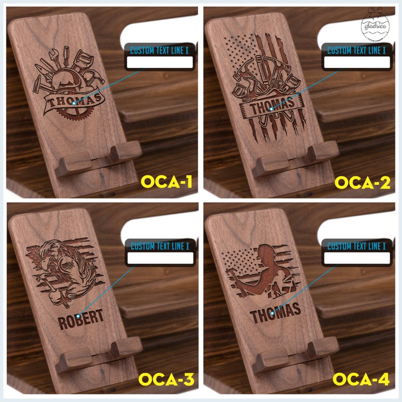 May include: Four wooden phone stands with different designs. Each stand features a personalized name, a flag, and tools. The stands are made of dark brown wood and have a slot for holding a phone.