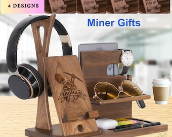 Miner Gifts Personalized Wooden Charging Station, Coal Miner Docking Stand, Custom Coal Mining Gift for Mine Worker on National Miners Day