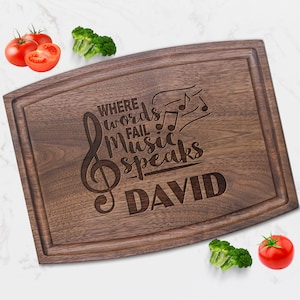 Custom Cutting Board Gift for Music Lovers - Where Words Fail Music Speaks - Engraved Name Cutting Board - Anniversary Gift for Mom, Her
