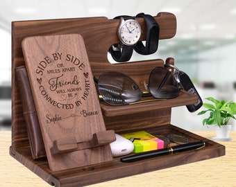 Valentine’s Day Gift Personalized for Him Her, Wood Docking Station for Phone, Nightstand Organizer for Men Holds Phone Keys Glasses Watches