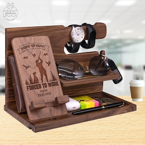 Personalized Gift for Hunting, Born to Hunt Forced to Work. Unique Docking Station to Keep All Personal Items Organized on Xmas Birthday