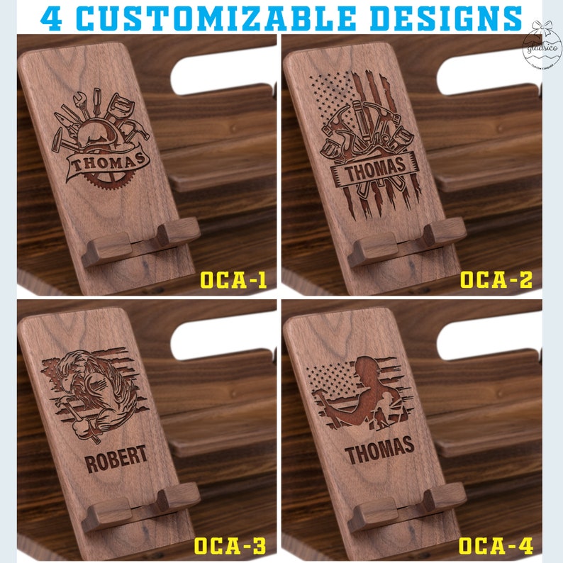 May include: Four customizable wooden phone stands with different engraved designs. Each stand features an American flag, tools, and a personalized name. The names shown are Thomas and Robert.