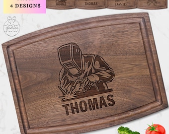 Mothers Day Gifts for Welder, Welder Mechanic Mom Gifts. Custom Cutting Board with Welder Silhouette, Kitchen Gifts for Welding Month