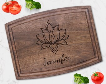 Custom Yoga Gift with Lotus Symbols and Monogram Name on Cutting Board.Spiritual Gifts for Yoga Lover, Yoga Teacher Gifts for Her Mother Day