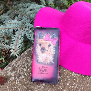 Llama Wallet, Woman Wallet, Leather Carved Wallet, Embossed Wallet, Pink Wallet, Handmade Wallet, Zipper Wallet, Leather Gift, Long Wallet