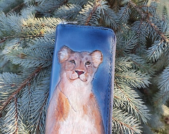 Cartera de cuero tallada, Cartera de mujer, Cartera de cuero genuino 3D, Cartera hecha a mano, Cartera de cuero hecha a mano, Cartera de león, Cartera larga con cremallera