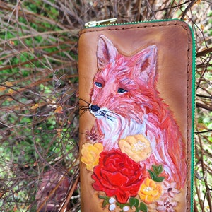 Cartera de talla de cuero, Cartera de mujer, Cartera de cuero genuino 3D, Cartera hecha a mano, Cartera tallada a mano, Cartera de zorro, Cartera larga con cremallera