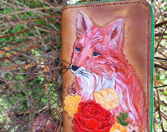 Cartera de talla de cuero, Cartera de mujer, Cartera de cuero genuino 3D, Cartera hecha a mano, Cartera tallada a mano, Cartera de zorro, Cartera larga con cremallera