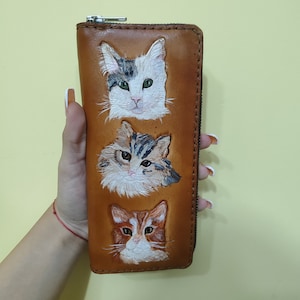 Cat Wallet,Leather Carving Wallet, Woman Wallet, 3D Genuine Leather Wallet, Handmade Wallet, Hand-carved Wallet, , Zipper Long Wallet