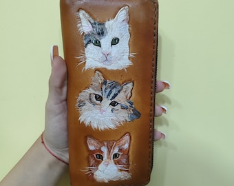 Cartera de gato, Cartera tallada en cuero, Cartera de mujer, Cartera de cuero genuino 3D, Cartera hecha a mano, Cartera tallada a mano, , Cartera larga con cremallera