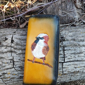 Cartera de talla de cuero, Cartera de mujer, Cartera de embrague, Cartera hecha a mano, Cartera tallada a mano, Cartera de pájaro, Cartera larga con cremallera, Cartera cosida a mano