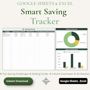 Peut inclure: Un outil numérique de suivi d'épargne pour Google Sheets et Excel avec un tableau pour les fonds d'amortissement, un graphique en secteurs pour l'allocation des actifs et un graphique à barres pour le suivi des objectifs.