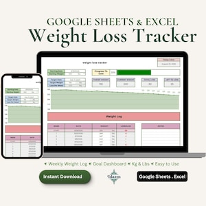 Może przedstawiać: Cyfrowy szablon do śledzenia utraty wagi dla Google Sheets i Excel wyświetlany na ekranie laptopa i smartfona. Interfejs zawiera pasek postępu, wykres wagi oraz cotygodniową tabelę z kolumnami na datę, wagę i utratę kilogramów.