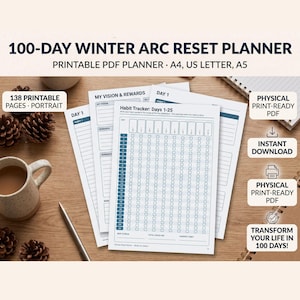 Peut inclure: Un planificateur imprimable PDF 100-Day Winter Arc Reset de 138 pages portrait. Le document comprend un suivi des habitudes pour les jours 1-25, une section vision et récompenses, et des feuilles de planification en bleu et blanc.