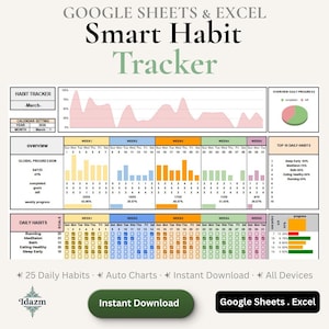 Peut inclure: Un modèle numérique de suivi d'habitudes pour Google Sheets et Excel avec un calendrier de mars, des graphiques de progression quotidienne et une liste de 25 habitudes. L'interface inclut des colonnes hebdomadaires colorées, un graphique circulaire et un bouton Instant Download.