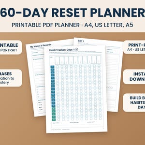 Peut inclure: Un planificateur 60-Day Reset en PDF imprimable avec 92 pages portrait aux formats A4, US Letter et A5. Le planificateur comprend une page My Vision & Rewards et un suivi des habitudes pour les jours 1 à 20, divisé en 4 phases.