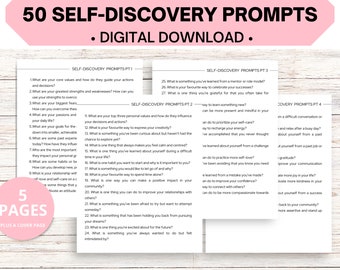 50 Self Discovery Journal Prompts, Mental Health Journal, Self Care Journal, Writing Prompts, Downloadable Journal Pages, Self Reflection