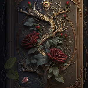 Grimoire with roses, Witches spell book, Fantasy, Magical, AI art, Digital download