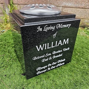 Cube Granite Vase Flower Pot Holder Grave Marker Memorial Headstone Religious Sandblasted
