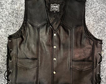 Leather Men’s Black Vest – Western Style, Snap Closure, Adjustable Side Laces