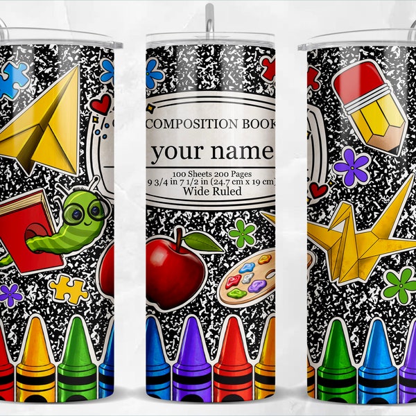 Personalized composition book 20oz skinny tumbler png,Teacher's Day png, custom name tumbler png, School tumbler png, sublimate download