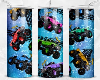 Monster truck kids 20oz skinny tumbler png, monster truck png, colorful truck png, tire track png, sublimate designs download