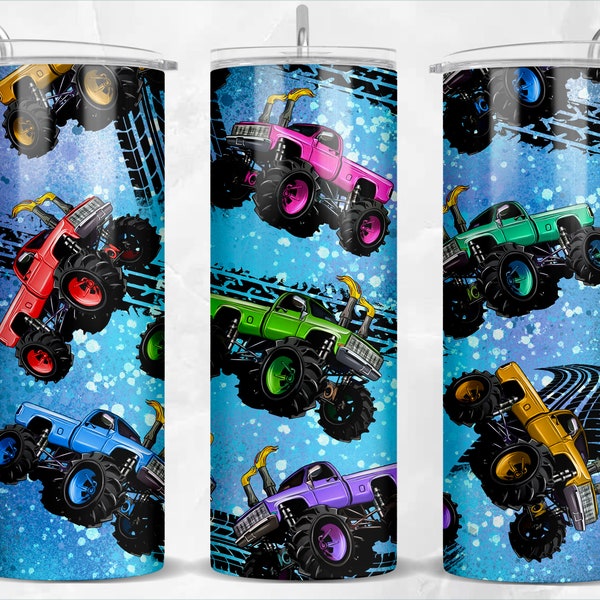 Monster truck kids 20oz skinny tumbler png, monster truck png, colorful truck png, tire track png, sublimate designs download