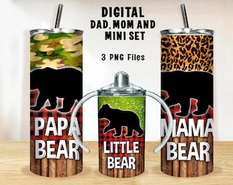 Vaso de la familia de osos PNG, vaso delgado de 20 oz y vaso para sorber de 12 oz png, juego de vasos de la familia de osos png descarga por sublimación