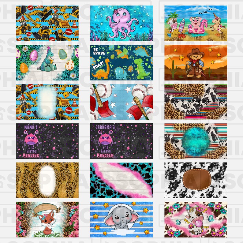 May include: A set of 12 digital sublimation designs featuring various themes, including construction vehicles, dinosaurs, baseball, cow print, and ocean life. The designs are perfect for creating personalized items like t-shirts, mugs, tote bags, and more.