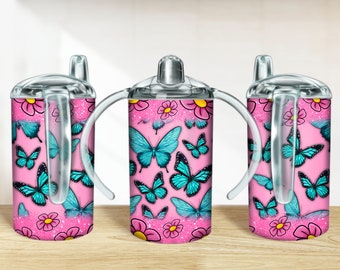 Papillon rose pailleté avec fleurs roses 12 oz gobelet png, dessins de gobelet, png d'emballage de gobelet, téléchargements de dessins de sublimation de gobelet